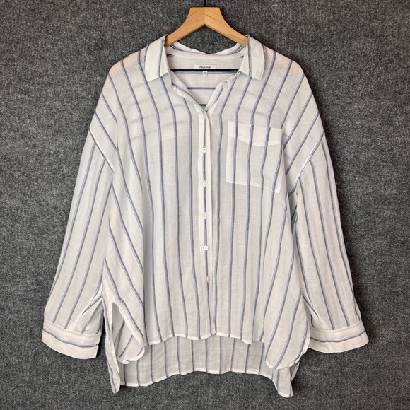Madewell Tops - Madewell Womens XL White Blue Striped 100% Ramie Button Down Oversized Shirt